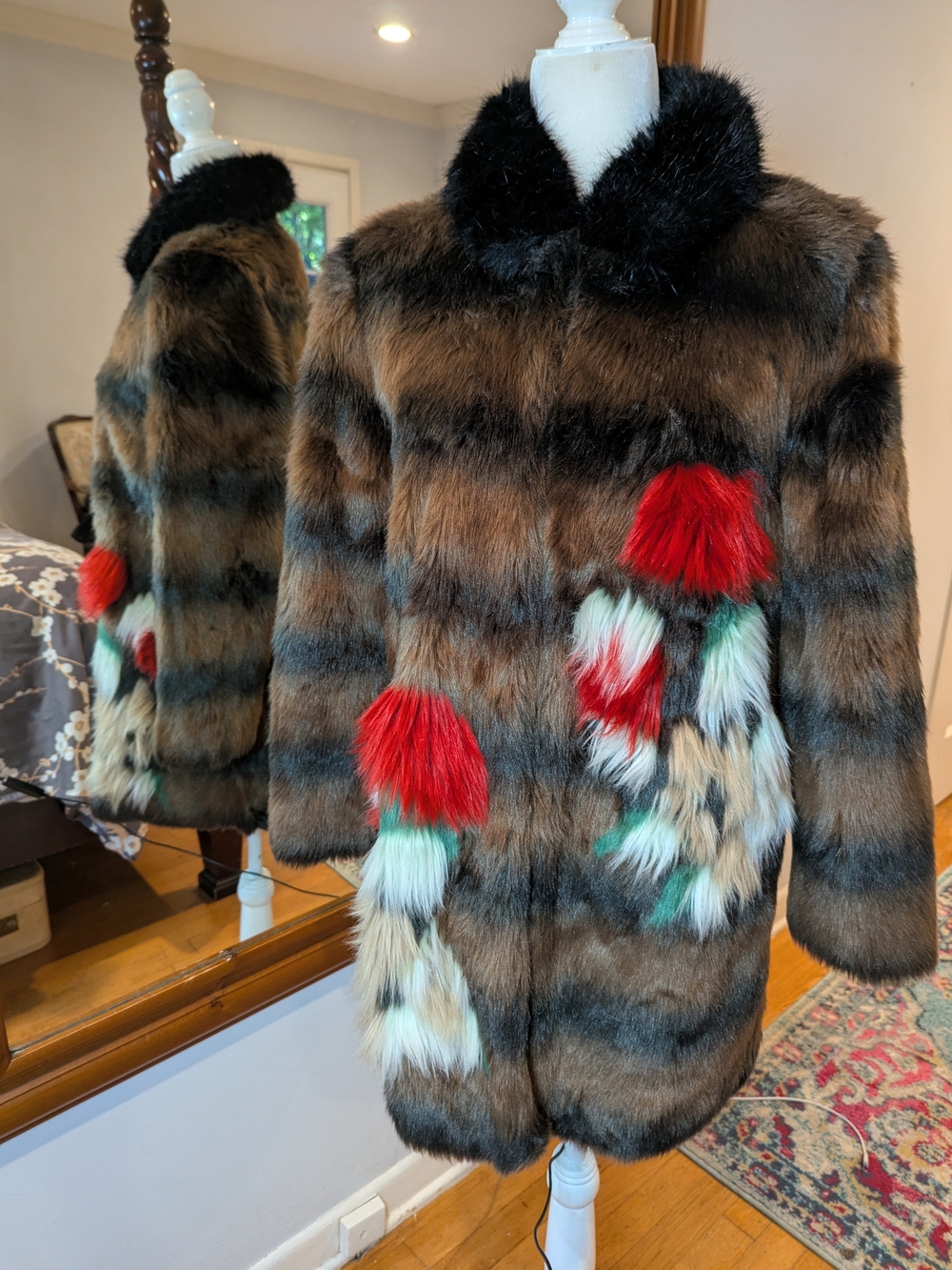 Zara Brown Faux Fur Coat with Black Collar and Red & Green Pom Accents #1253